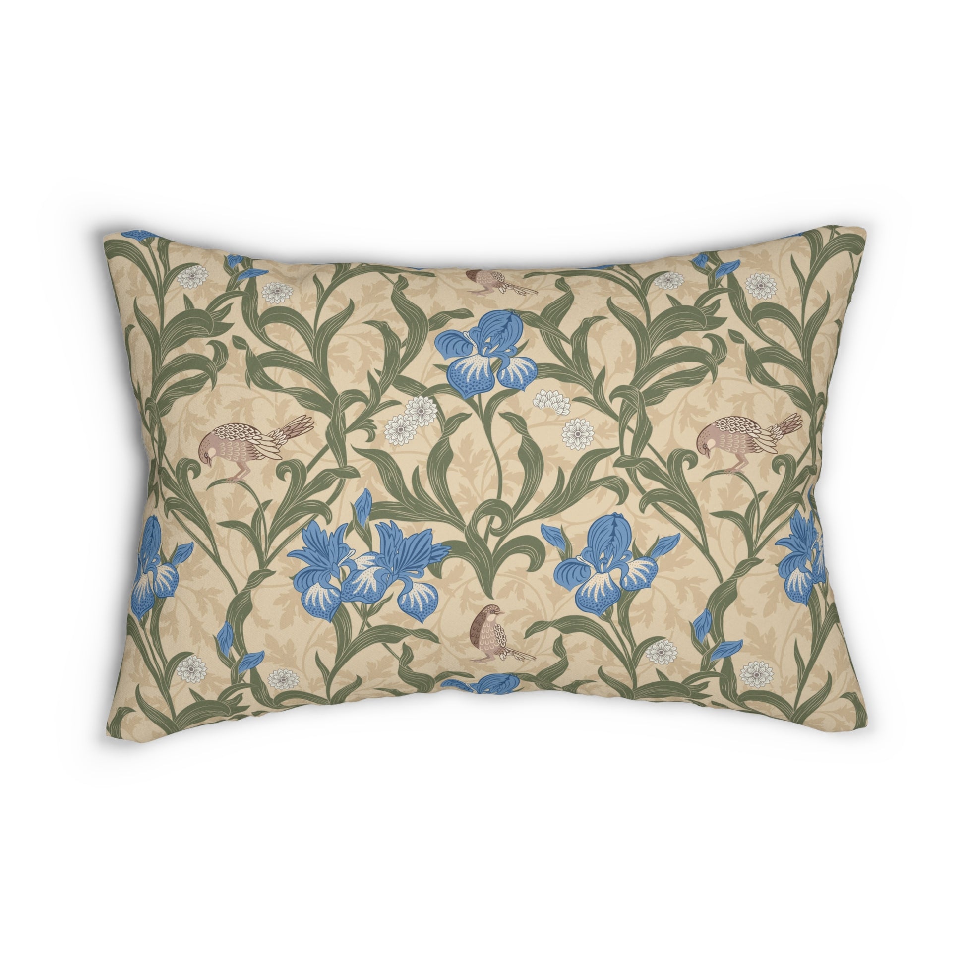 A rectangular lumbar cushion with a William Morris & Co floral pattern featuring blue irises, beige, and green colours on a white background with a concealed zipper.