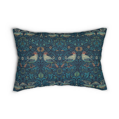A rectangular lumbar cushion with a blue floral and animal pattern inspired by William Morris's art.