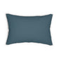 A rectangular lumbar cushion with a blue floral and animal pattern inspired by William Morris's art.