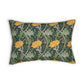 A rectangular decorative throw pillow featuring a William Morris-style floral and botanical pattern in dark green, yellow, and gray-green tones, shown against a plain white background.