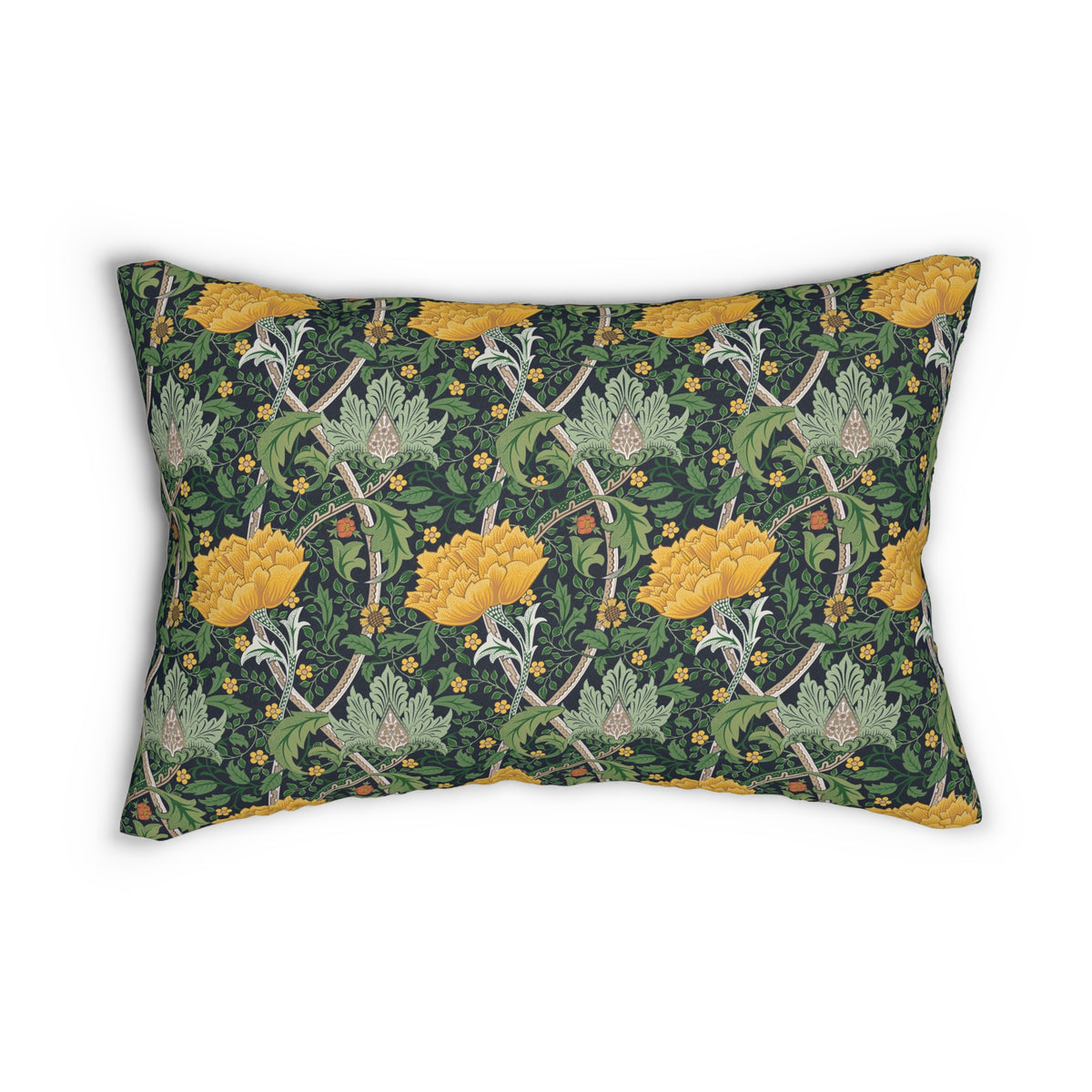 A rectangular decorative throw pillow featuring a William Morris-style floral and botanical pattern in dark green, yellow, and gray-green tones, shown against a plain white background.