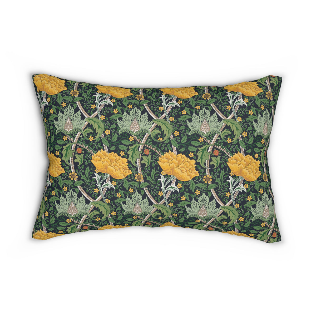 A rectangular decorative throw pillow featuring a William Morris-style floral pattern with large yellow flowers, green foliage, and small orange blossoms on a dark green background, shown against a plain white studio backdrop.