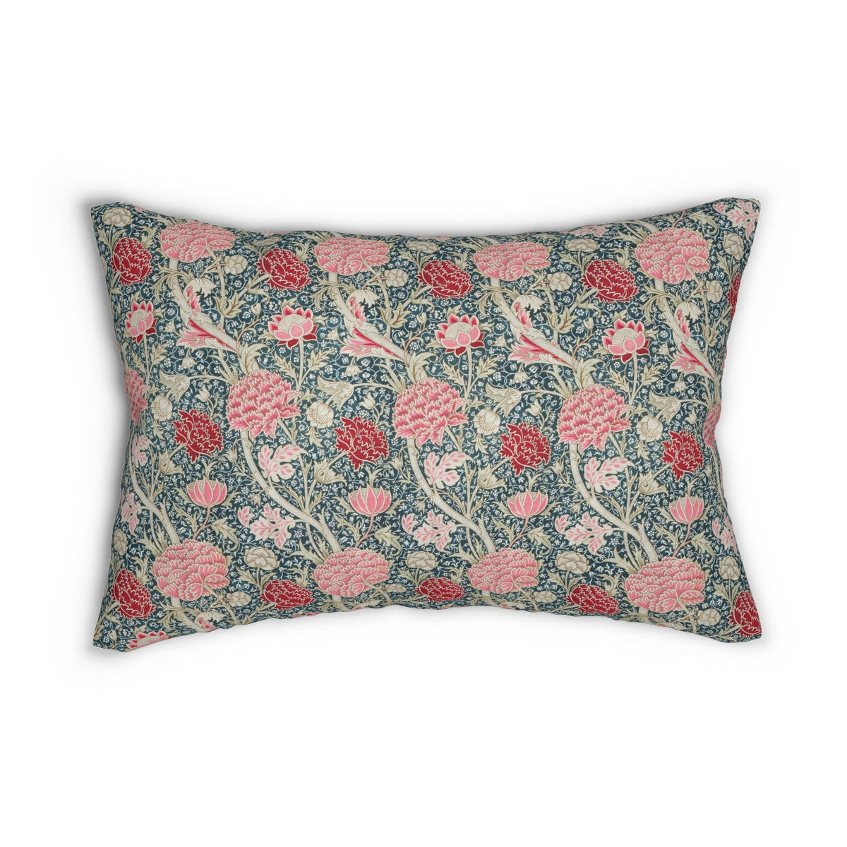 A rectangular decorative throw pillow featuring a dense floral and botanical pattern in pink, coral, and cream on a muted blue-green background, shown against a plain white studio backdrop.