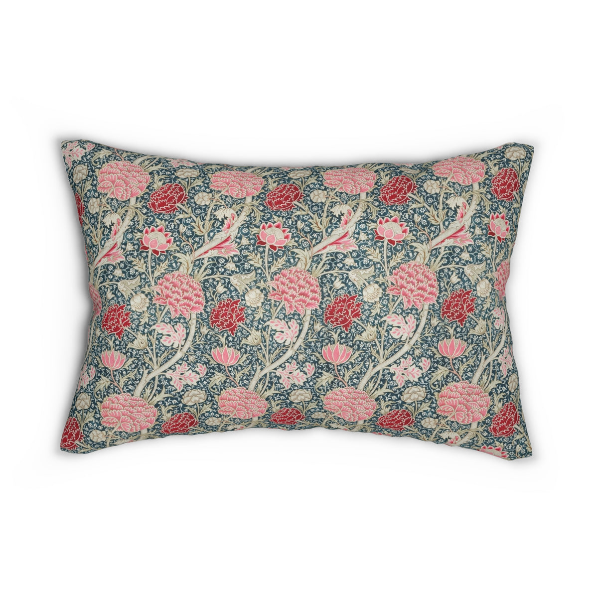 A rectangular decorative throw pillow featuring a classic William Morris-style floral pattern in pink, red, and cream on a muted blue-green background, shown against a plain white studio backdrop.