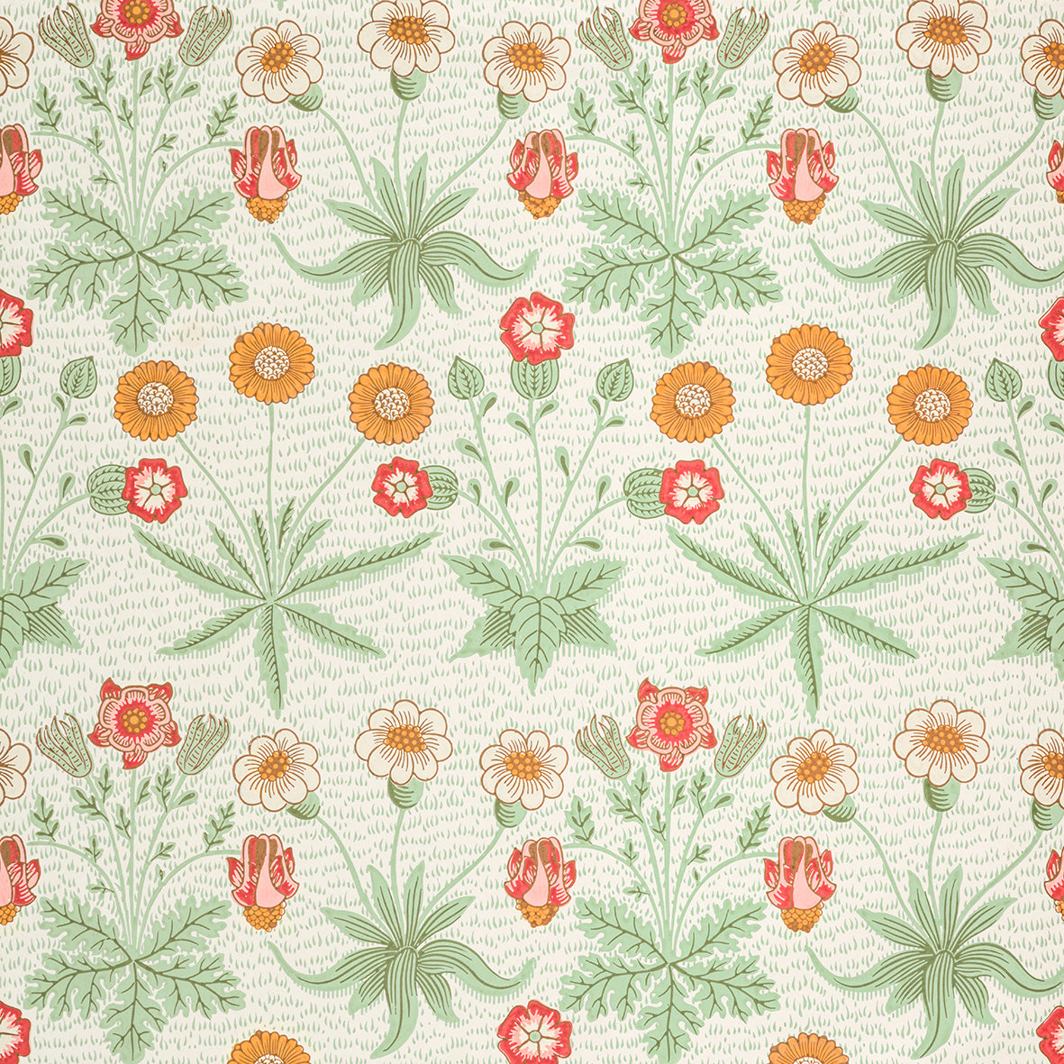 Floral pattern with red, orange, and green flowers on a light background