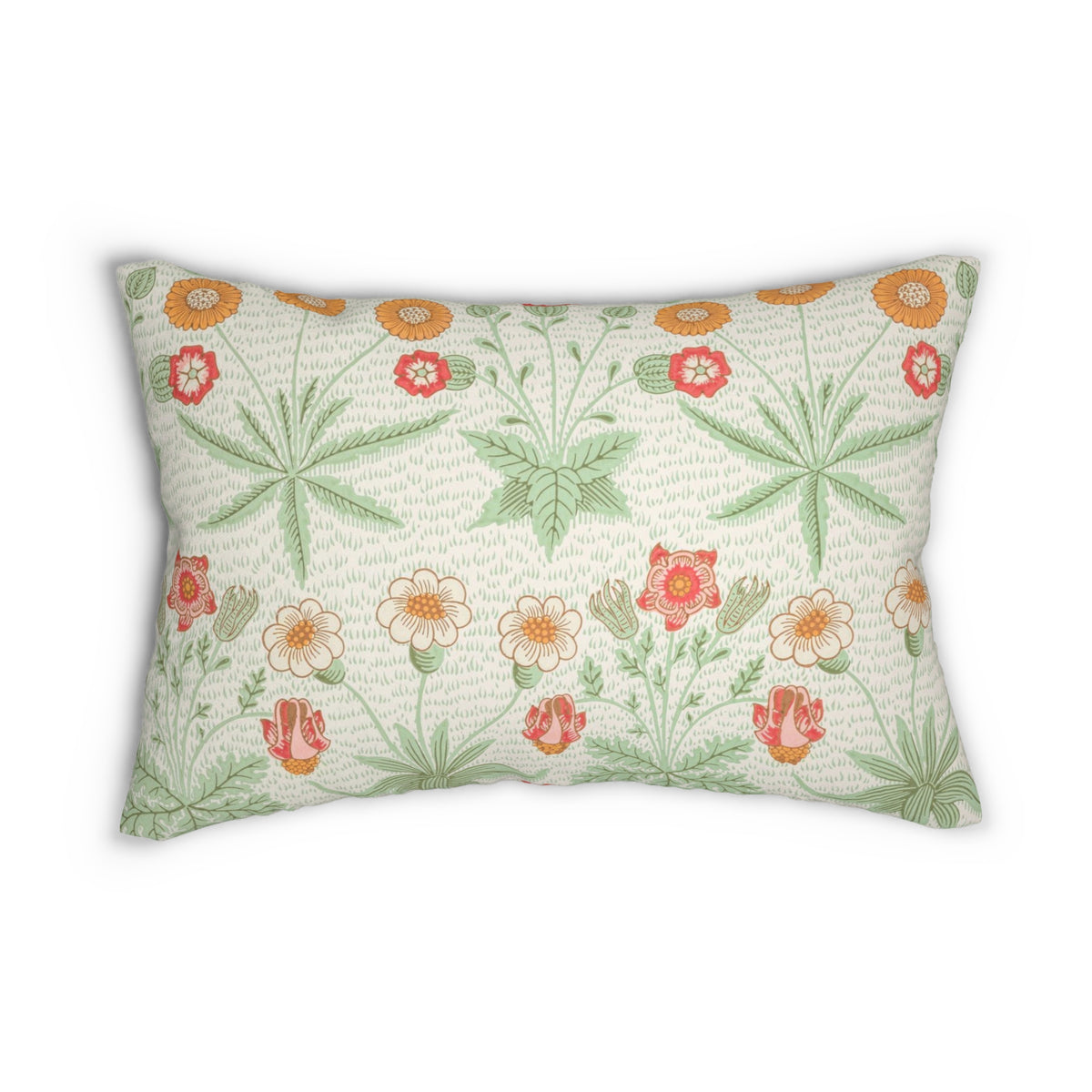 A rectangular lumbar throw pillow featuring a botanical pattern of green leaves and orange, red, and white flowers on a textured cream background.