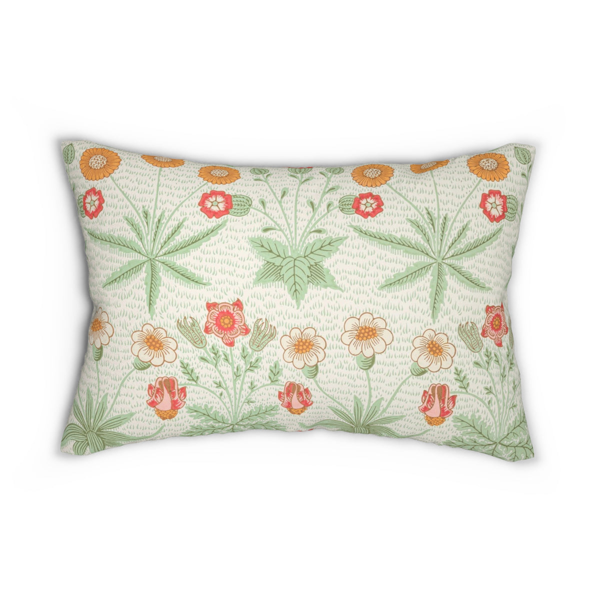 A rectangular lumbar throw pillow featuring a botanical pattern with green leaves and orange, red, and white flowers on a textured cream background.