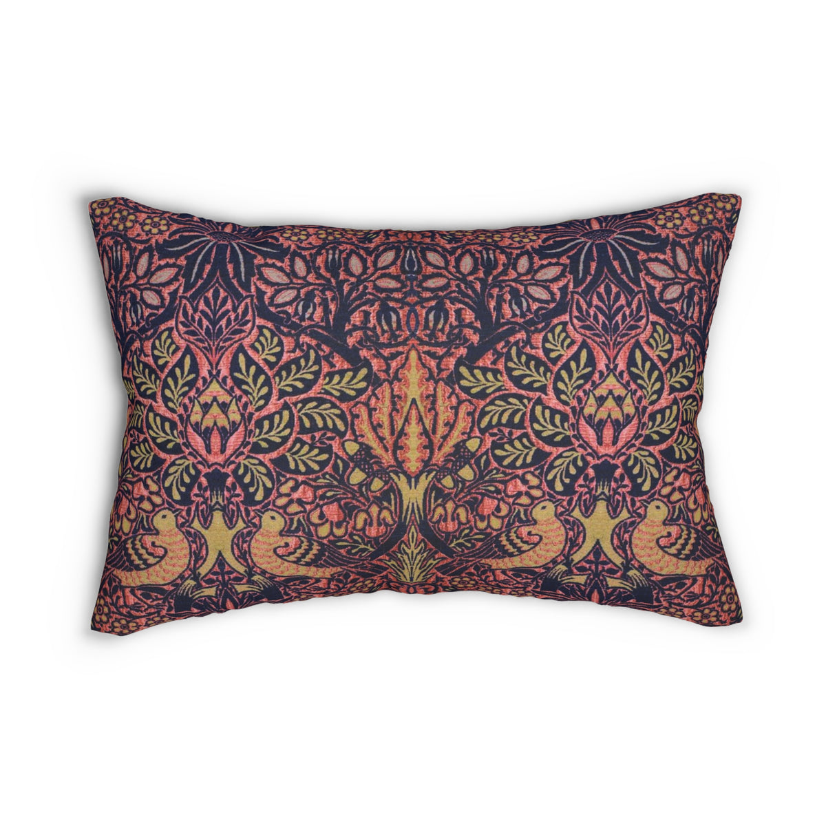 A rectangular decorative throw pillow featuring a detailed, symmetrical botanical and bird pattern in muted pink, olive green, and dark navy blue.
