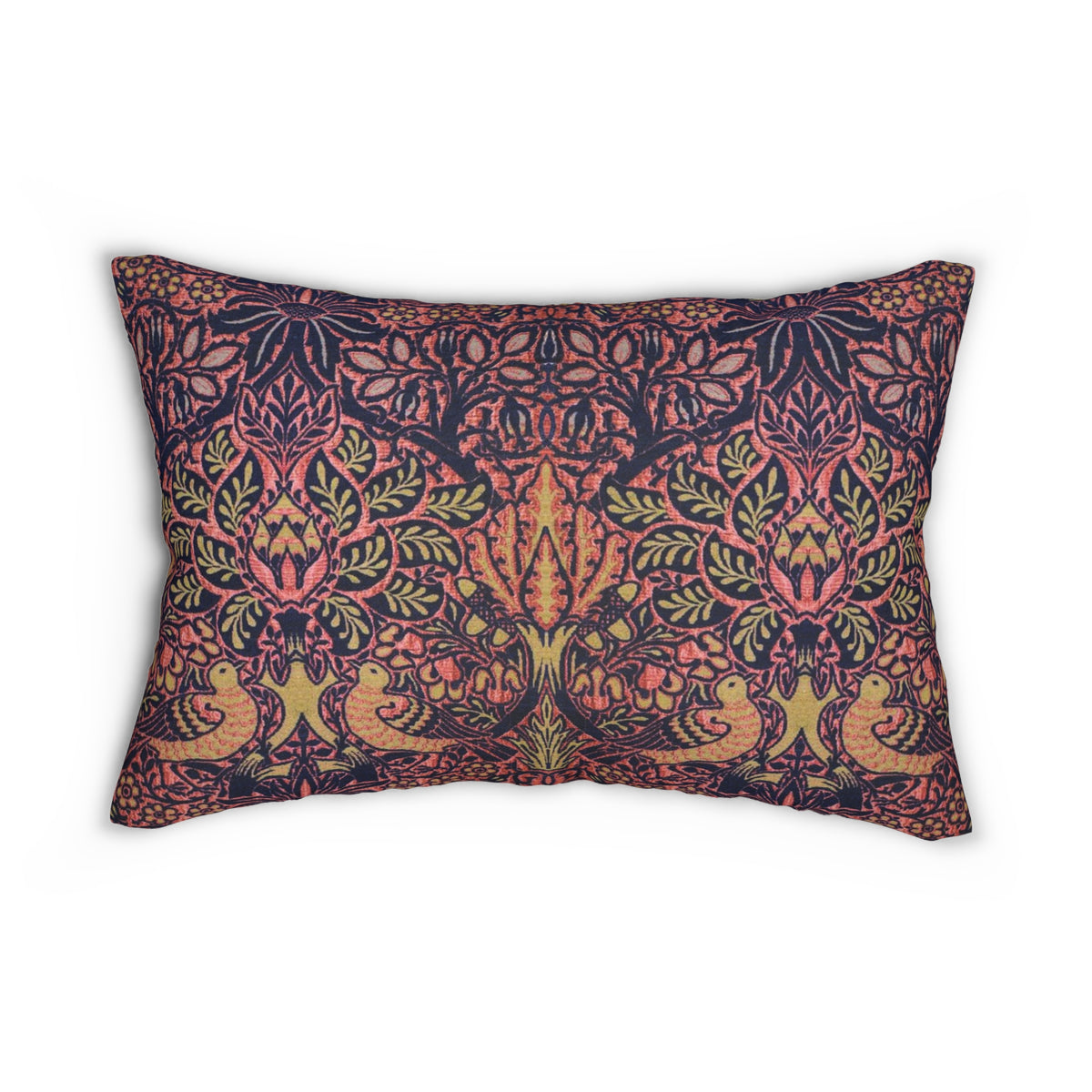 A rectangular decorative throw pillow featuring a dense, symmetrical Art Nouveau pattern with stylised trees, leaves, and birds in coral pink, olive green, and mustard yellow on a dark navy background.