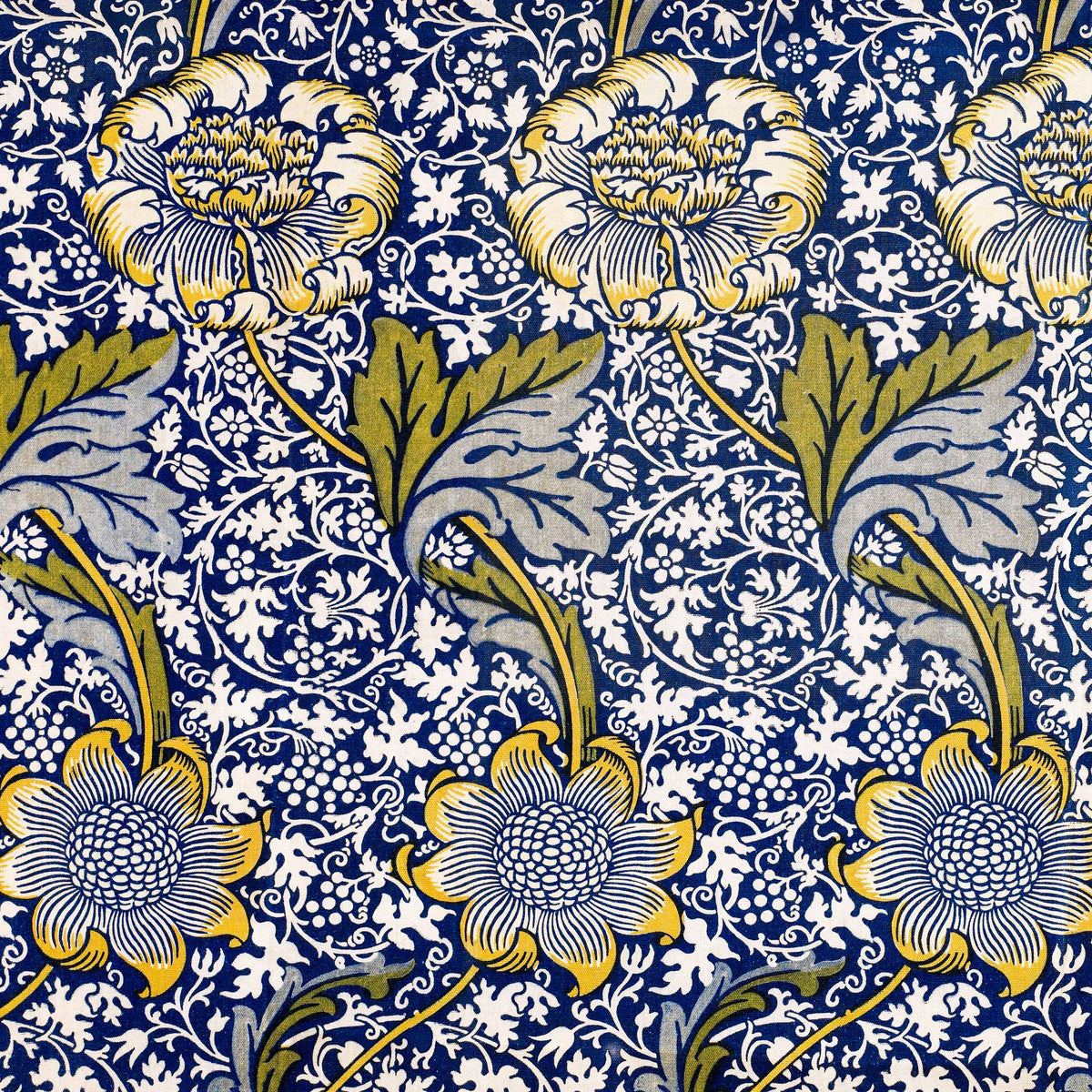 Lumbar Cushion  with hidden zipper and removable cover in a floral yellow, blue and olive William Morris & Co pattern called Kennet Collection