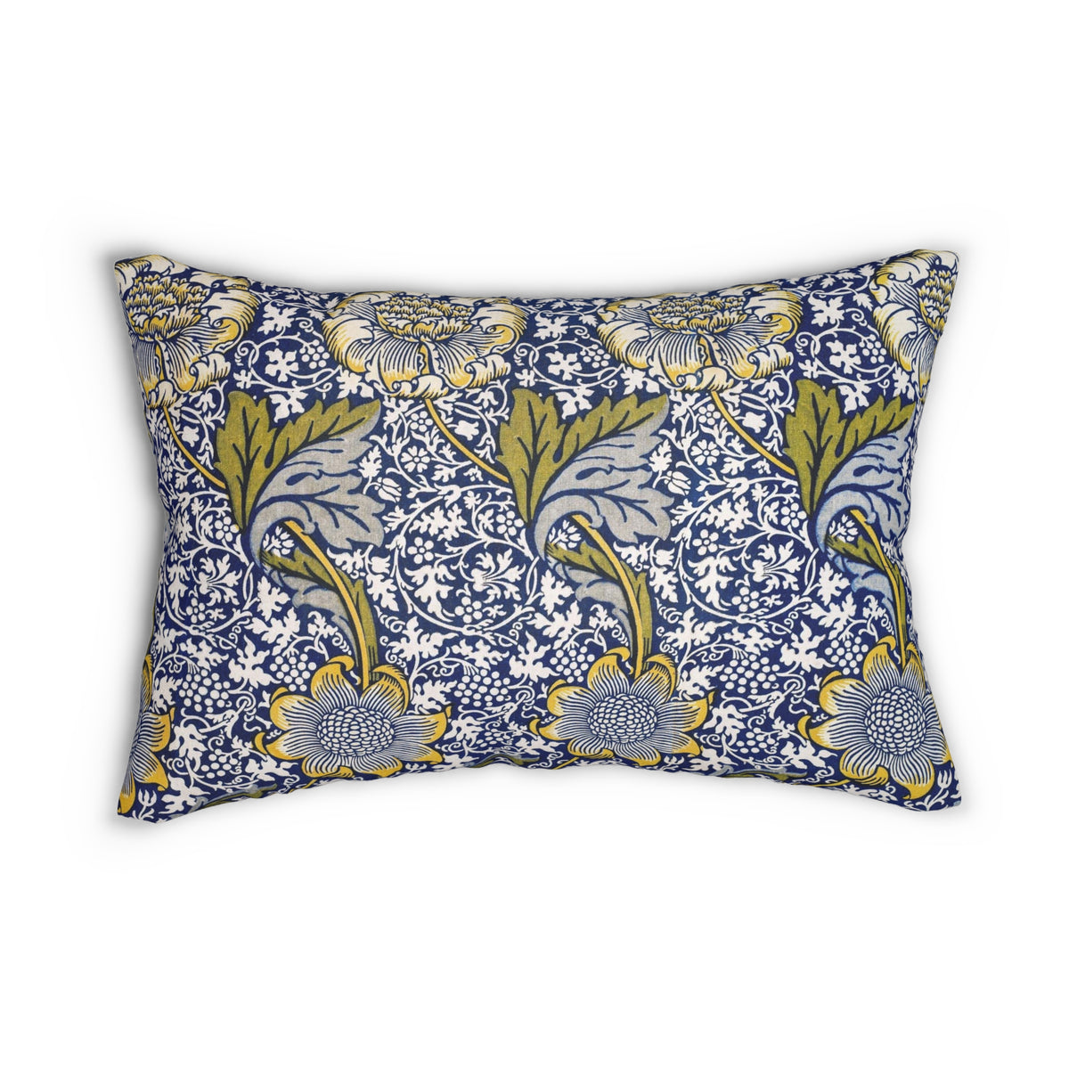 Lumbar Cushion  with hidden zipper and removable cover in a floral yellow, blue and olive William Morris & Co pattern called Kennet Collection