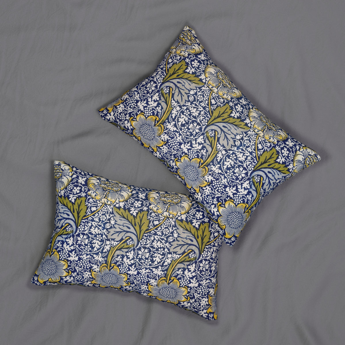 Lumbar Cushion  with hidden zipper and removable cover in a floral yellow, blue and olive William Morris & Co pattern called Kennet Collection