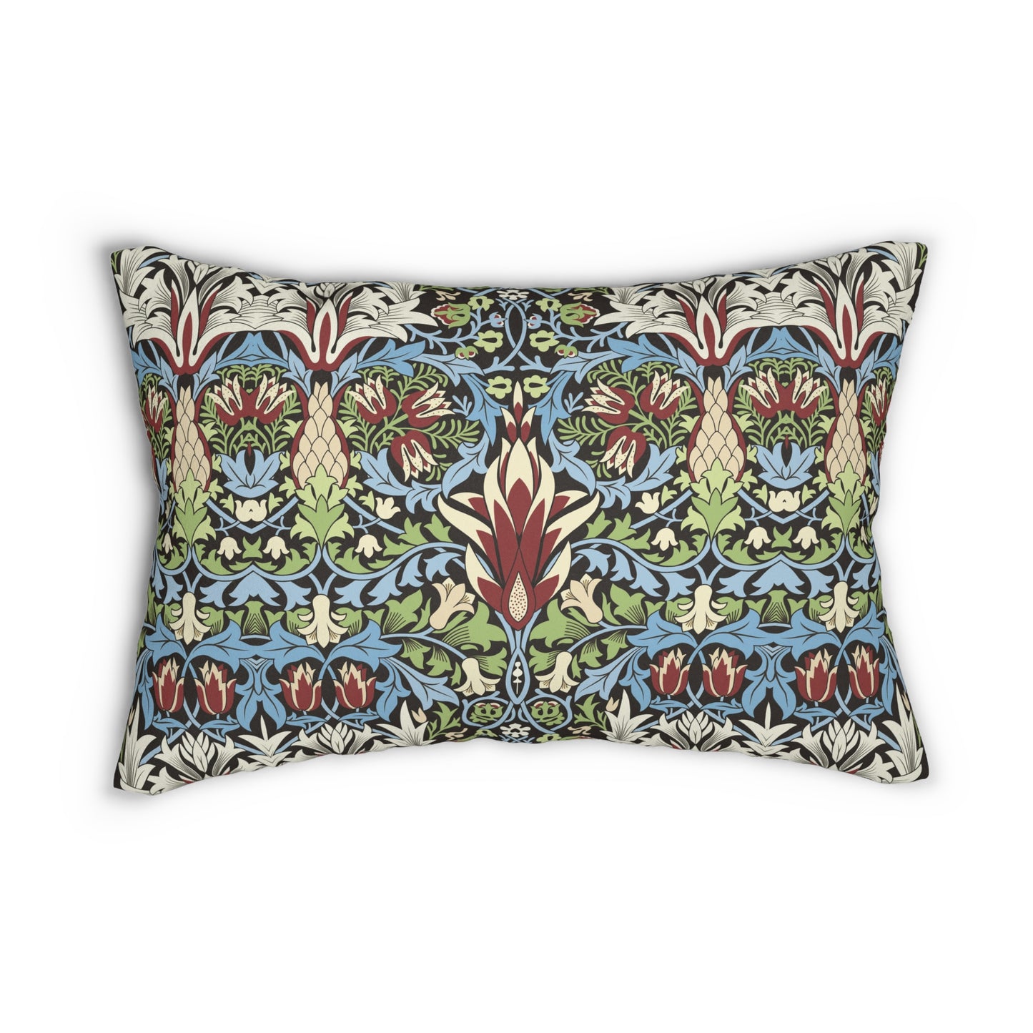 A rectangular lumbar cushion with a William Morris & Co floral and geometric pattern in multiple colours, including blue, beige, and green, with a concealed beige zipper.