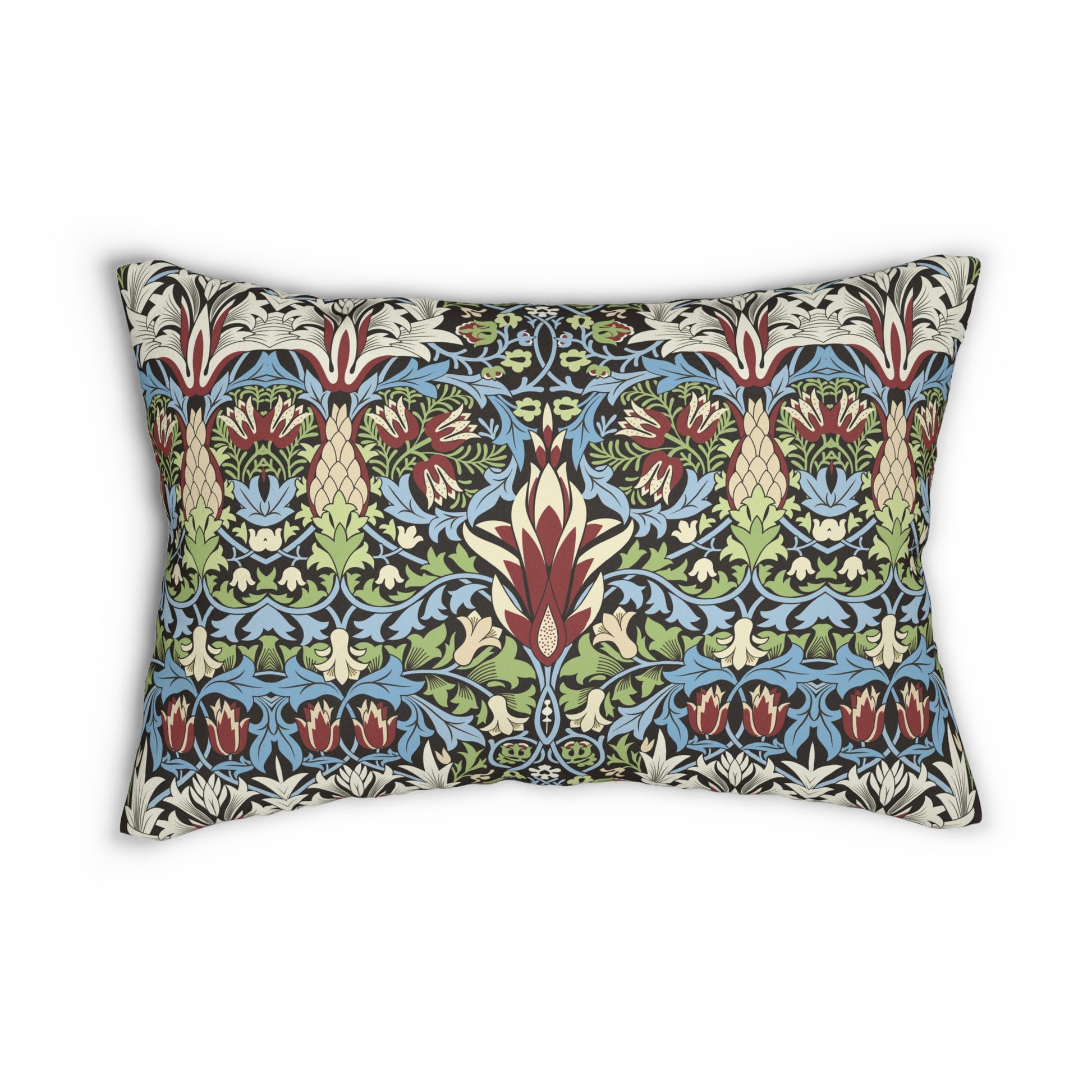 A rectangular lumbar cushion with a William Morris & Co floral and geometric pattern in multiple colours, including blue, beige, and green, with a concealed beige zipper.