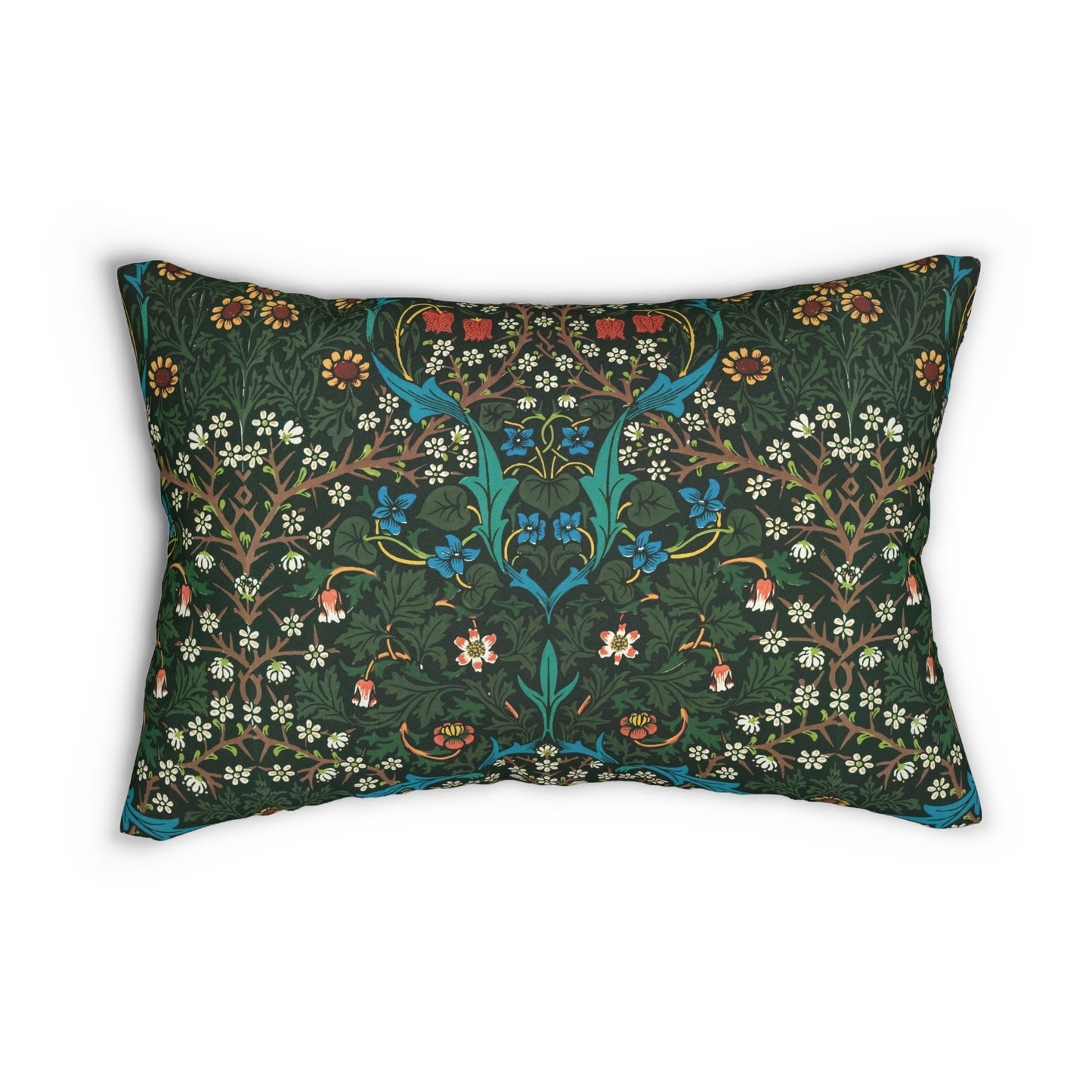 A rectangular lumbar cushion with a floral William Morris & Co pattern in red, green, and blue hues, featuring a hidden beige zipper.