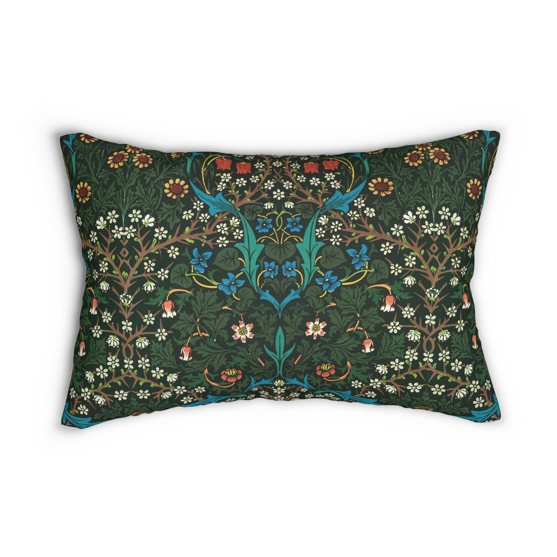 A rectangular lumbar cushion with a floral William Morris & Co pattern in red, green, and blue hues, featuring a hidden beige zipper.