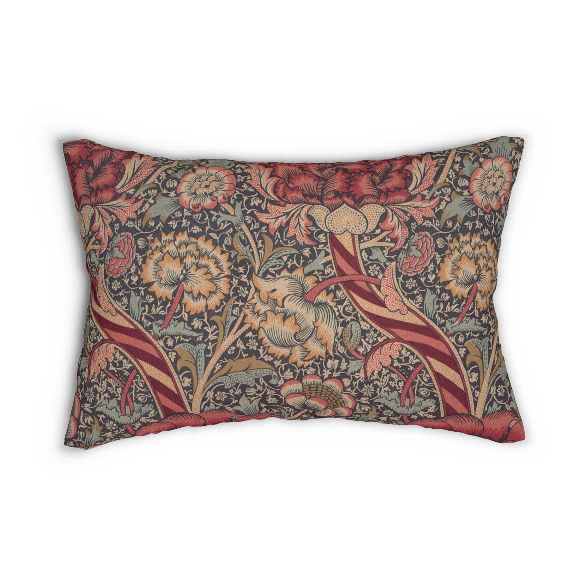 A rectangular lumbar cushion with a red and green William Morris & Co floral pattern on a textured background, featuring a concealed beige zipper.