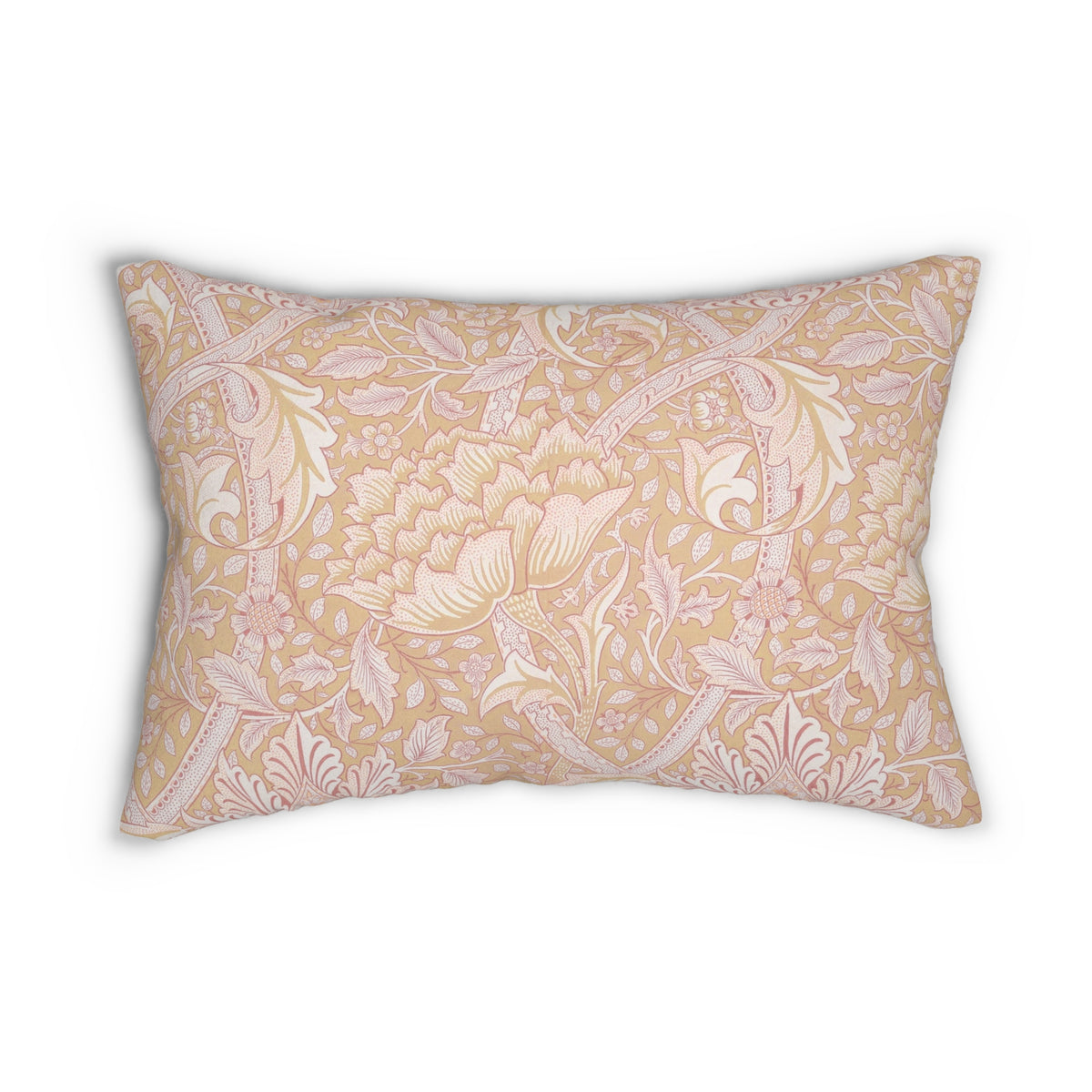 A rectangular decorative throw pillow featuring a classic William Morris-style floral and vine pattern in soft blush pink and cream on a warm beige background, set against a plain white studio backdrop.