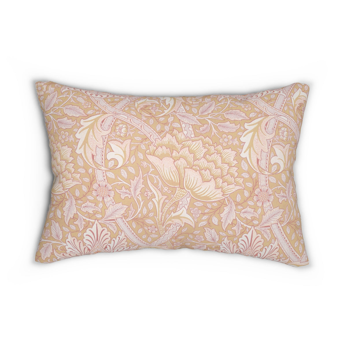 A rectangular decorative throw pillow featuring a classic damask floral pattern in soft blush pink and cream on a warm beige background, shown against a plain white studio backdrop.