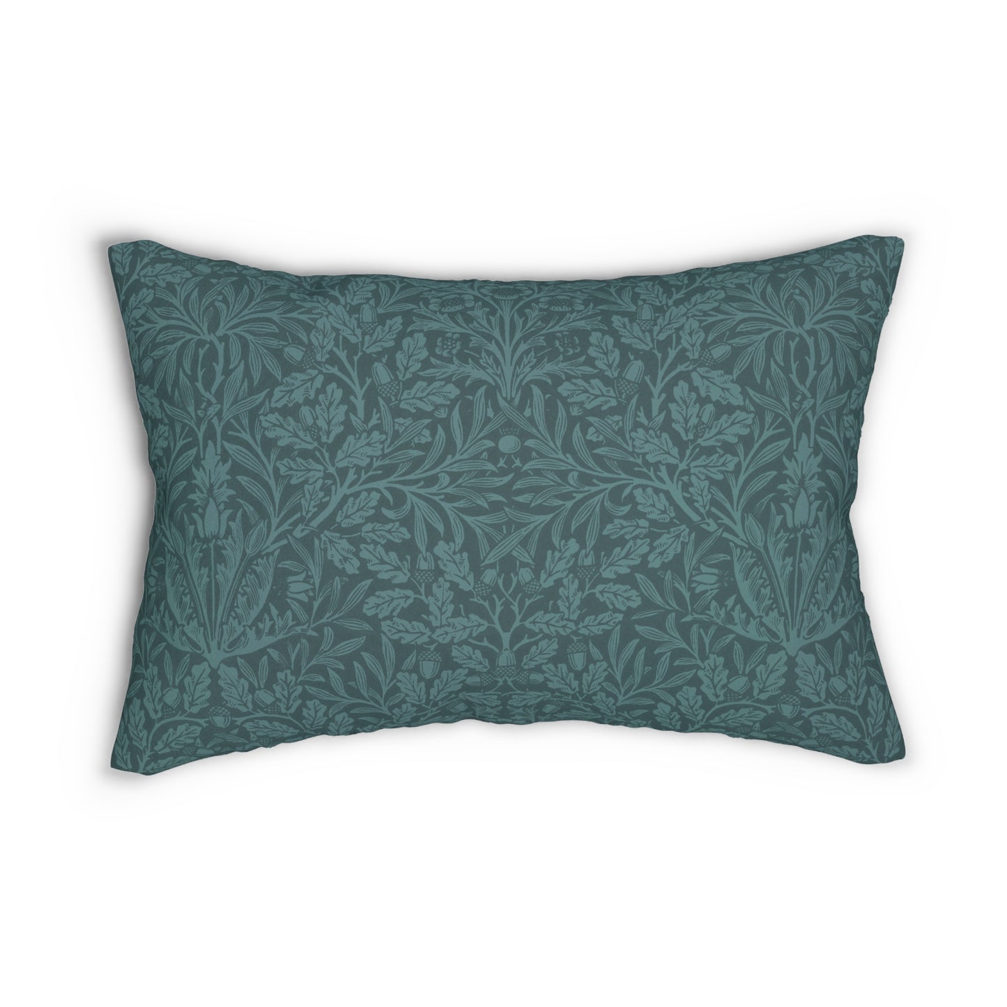 A rectangular lumbar cushion with a William Morris & Co floral pattern in teal colour, featuring acorn and oak leaves.