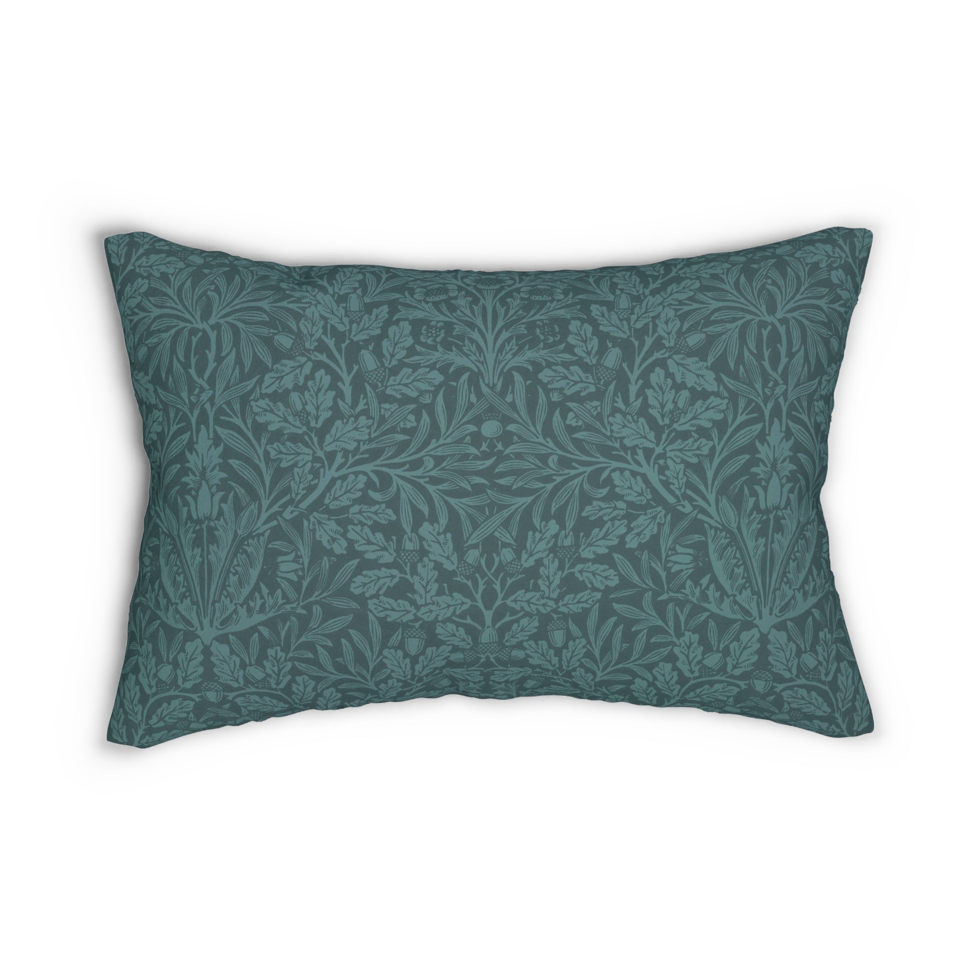 A rectangular lumbar cushion with a William Morris & Co floral pattern in teal colour, featuring acorn and oak leaves.