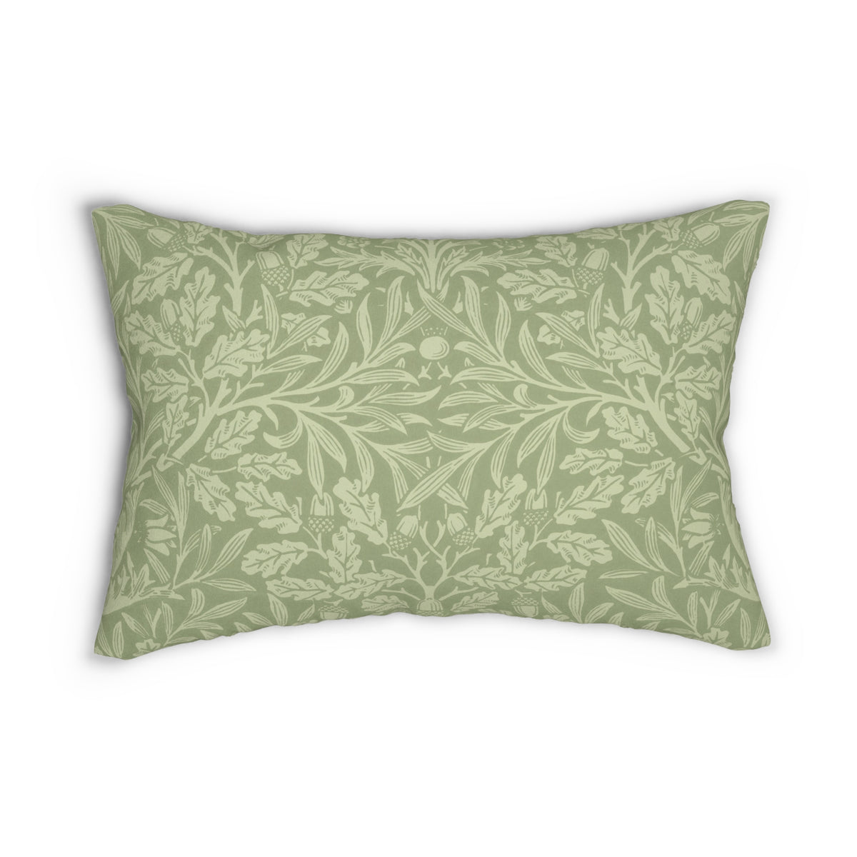 A rectangular decorative throw pillow featuring a classic William Morris-style botanical and leafy pattern in sage green and cream, shown against a plain white background.