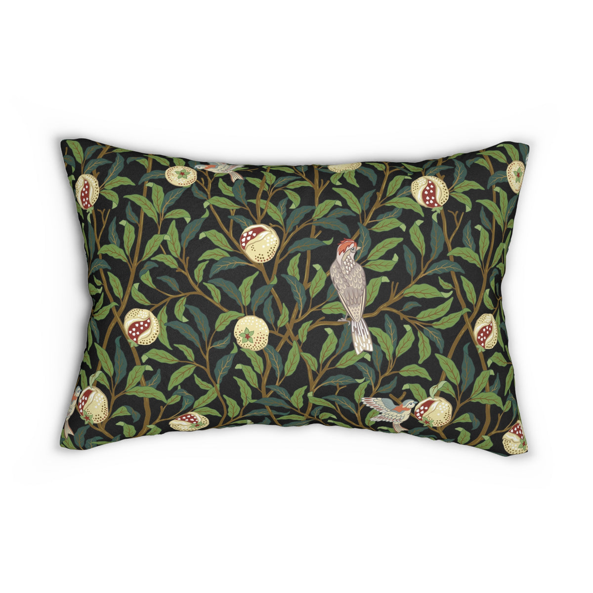 A rectangular decorative throw pillow featuring a classic William Morris-style floral and bird pattern with green leaves, brown branches, and red-and-white pomegranate motifs on a dark background.