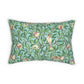 A rectangular decorative throw pillow featuring a William Morris-style botanical and bird pattern on a light blue-green background with green leaves, brown branches, and cream birds with red accents.