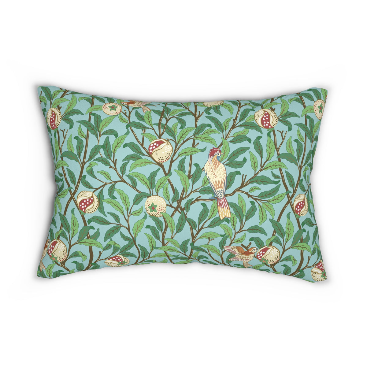 A rectangular decorative throw pillow featuring a William Morris-style botanical and bird pattern on a light blue-green background with green leaves, brown branches, and cream birds with red accents.
