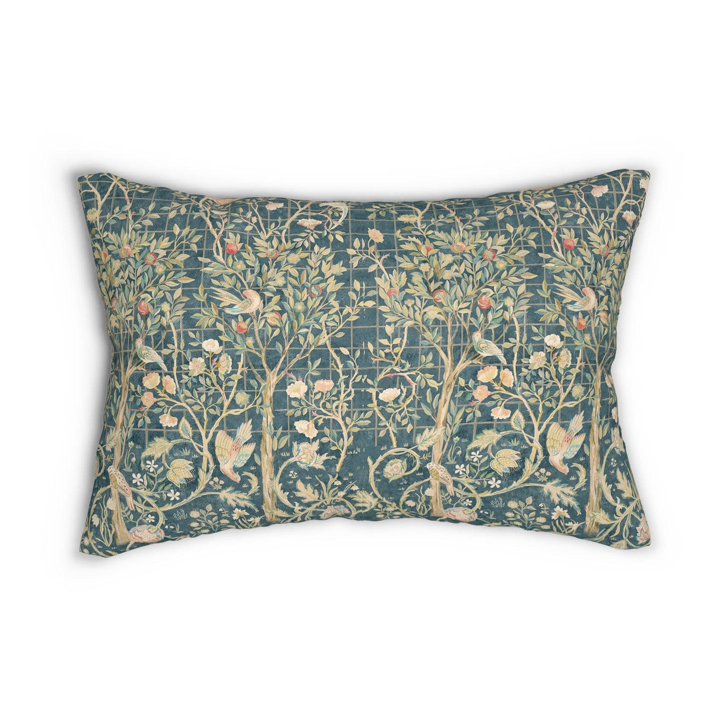 Rectangular lumbar cushion with a floral William Morris & Co pattern in various colours on a teal background.