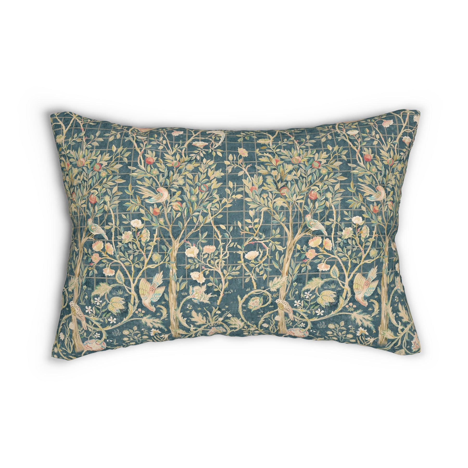 Rectangular lumbar cushion with a floral William Morris & Co pattern in various colours on a teal background.
