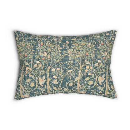 Rectangular lumbar cushion with a floral William Morris & Co pattern in various colours on a teal background.