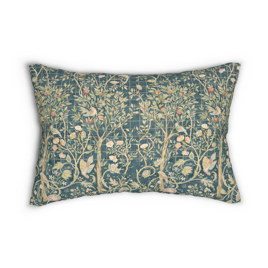 Rectangular lumbar cushion with a floral William Morris & Co pattern in various colours on a teal background.