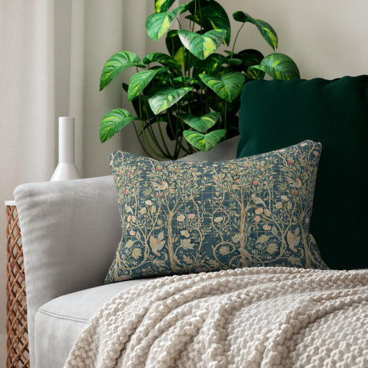 Rectangular lumbar cushion with a floral William Morris & Co pattern in various colours on a teal background.