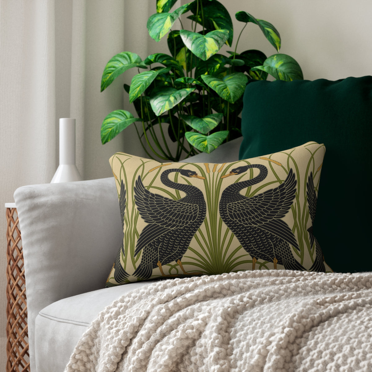 Lumbar Cushion inspired by William Morris - Swan, Rush and Iris Collection (Black Swan)
