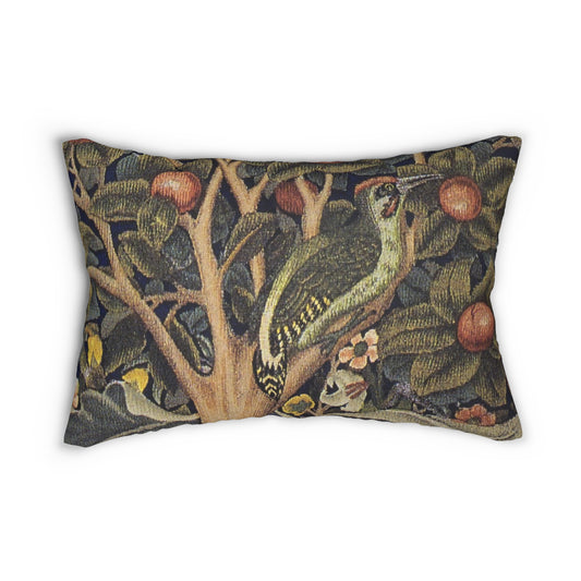 A decorative lumbar cushion featuring a historical floral and wildlife design inspired by William Morris.