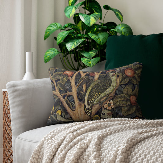 A decorative lumbar cushion featuring a historical floral and wildlife design inspired by William Morris.