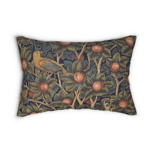 A rectangular lumbar cushion with an ornate design featuring birds, fruit, and leaves on a dark background, inspired by William Morris's art.