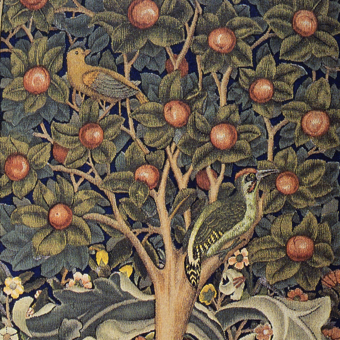 A rectangular lumbar cushion with an ornate design featuring birds, fruit, and leaves on a dark background, inspired by William Morris's art.