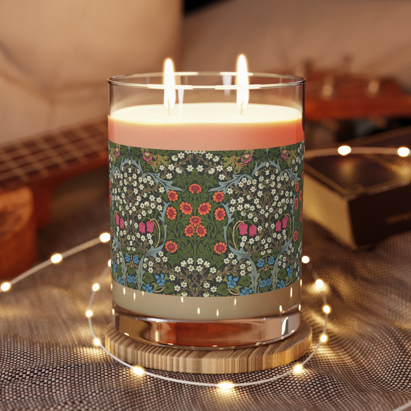 Luxury Scented Candle in an Arts & Crafts pattern inspired by William Morris & Co called Blackthorn Collection (Green, Orange, Pink and White