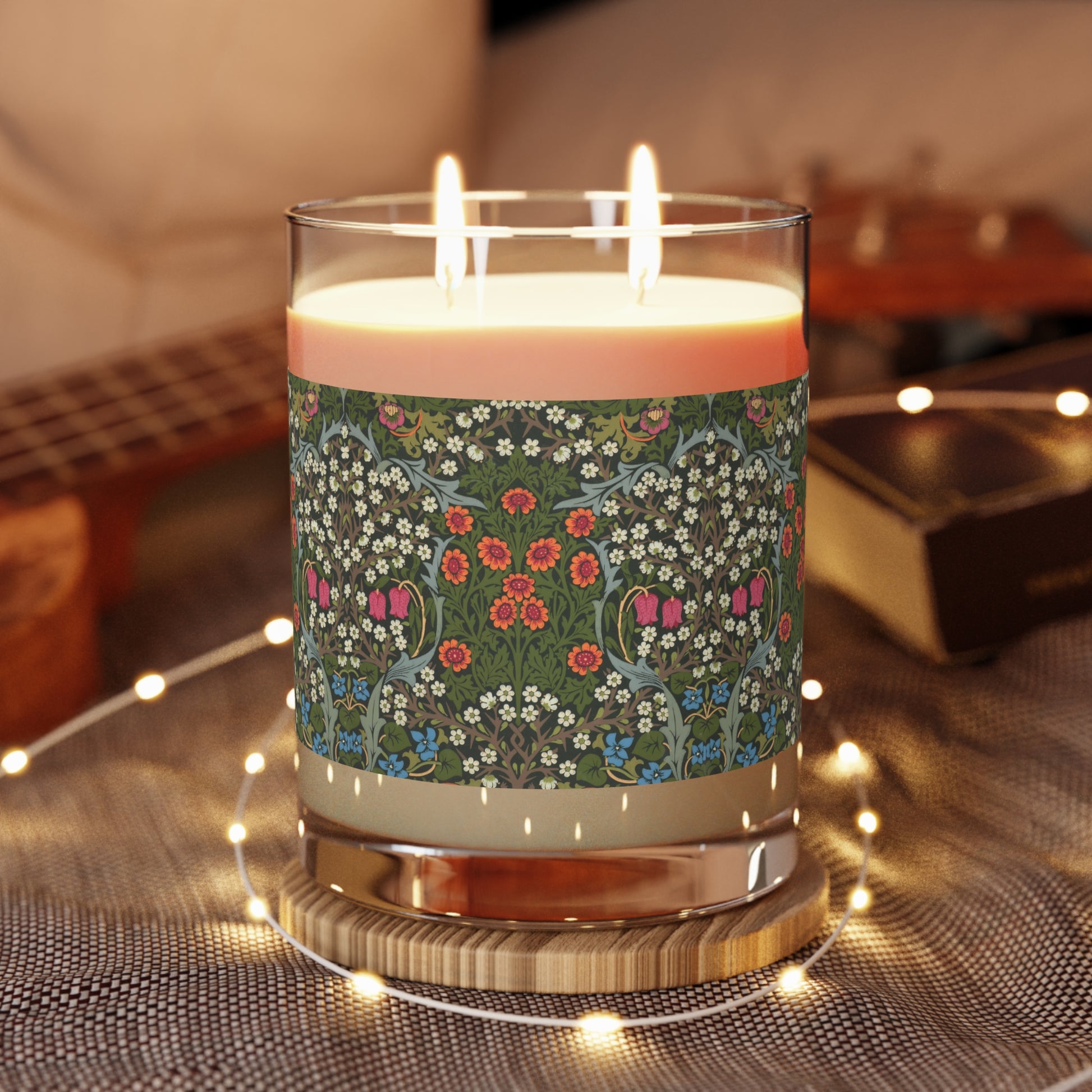 Luxury Scented Candle in an Arts & Crafts pattern inspired by William Morris & Co called Blackthorn Collection (Green, Orange, Pink and White