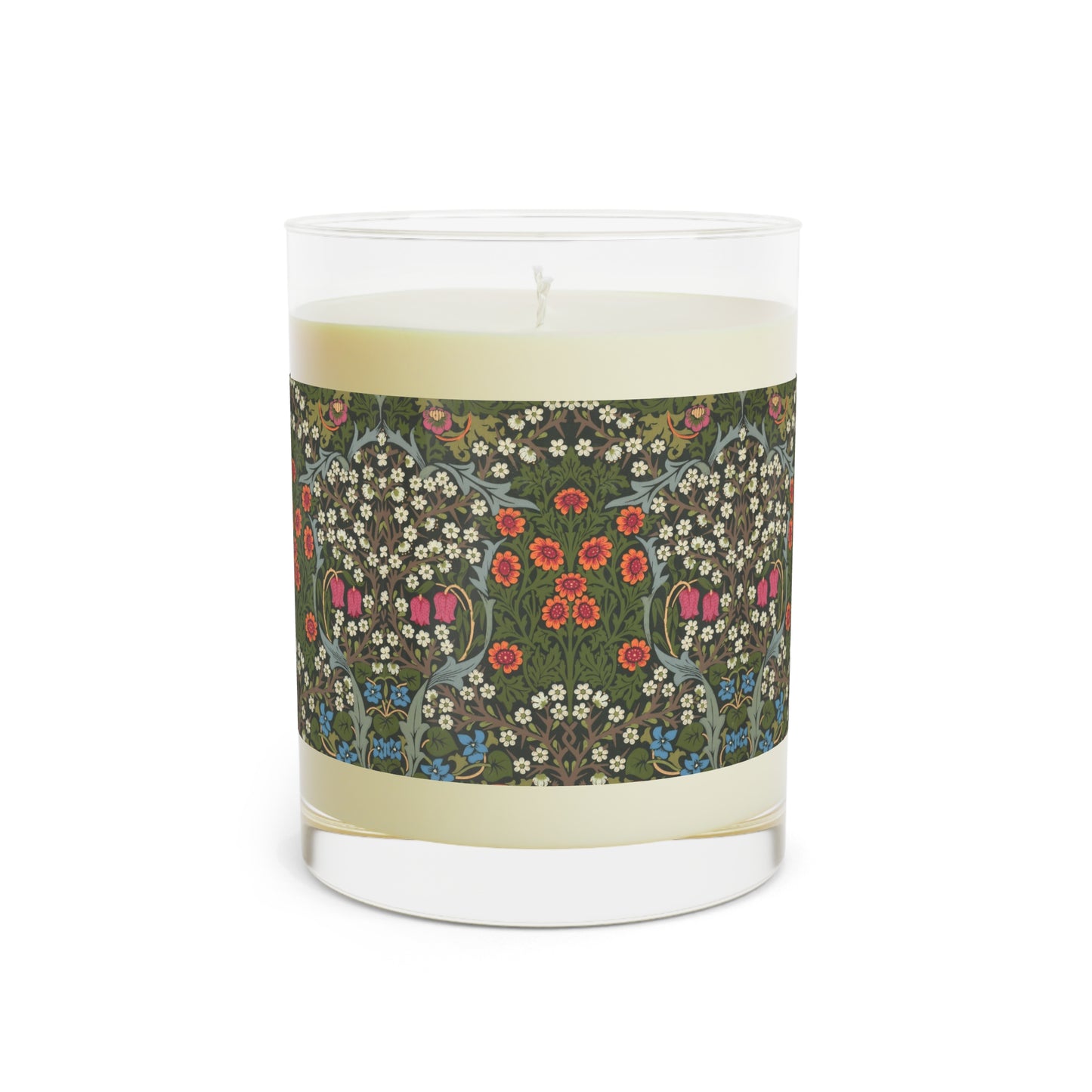 Luxury Scented Candle in an Arts & Crafts pattern inspired by William Morris & Co called Blackthorn Collection (Green, Orange, Pink and White