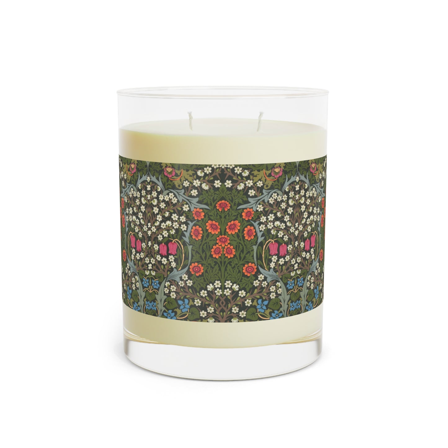 Luxury Scented Candle in an Arts & Crafts pattern inspired by William Morris & Co called Blackthorn Collection (Green, Orange, Pink and White)