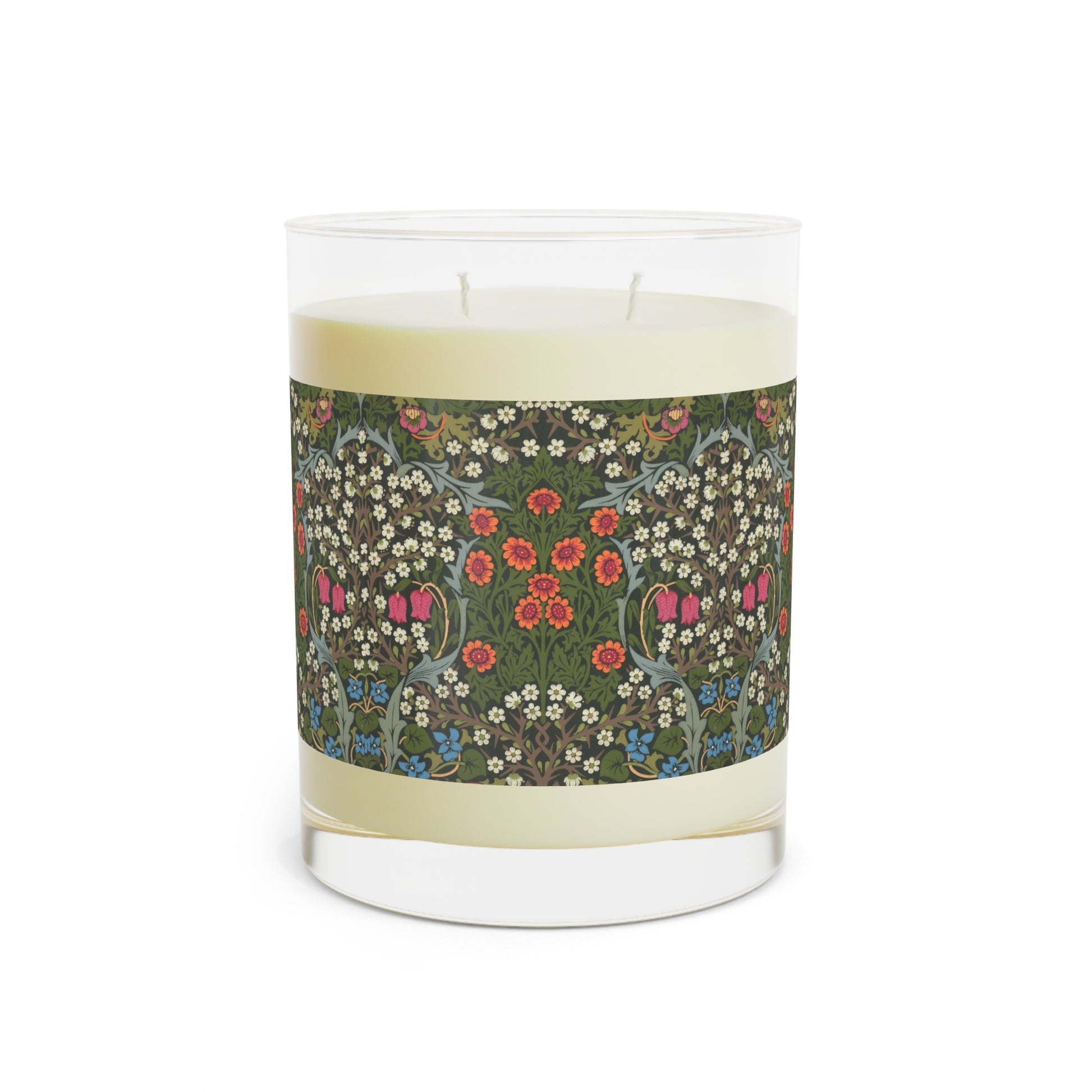 Luxury Scented Candle in an Arts & Crafts pattern inspired by William Morris & Co called Blackthorn Collection (Green, Orange, Pink and White)