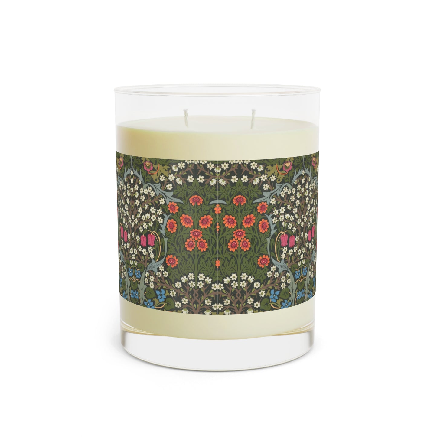 Luxury Scented Candle in an Arts & Crafts pattern inspired by William Morris & Co called Blackthorn Collection (Green, Orange, Pink and White)
