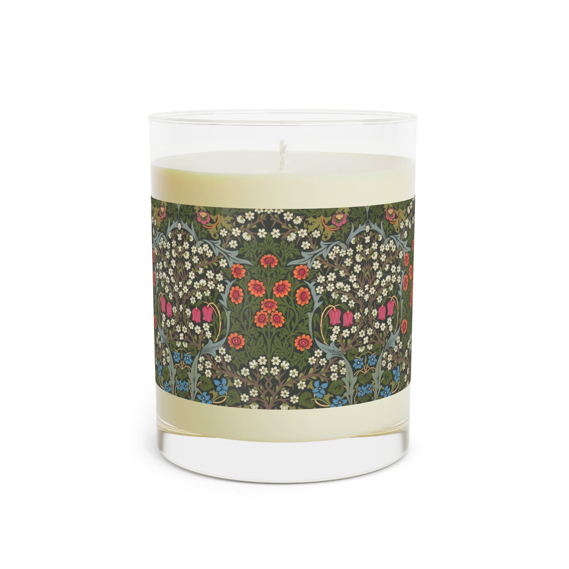 Luxury Scented Candle in an Arts & Crafts pattern inspired by William Morris & Co called Blackthorn Collection (Green, Orange, Pink and White)