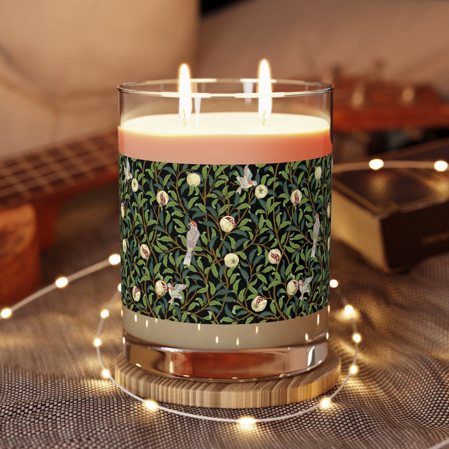 Luxury Scented Candle in an Arts & Crafts pattern inspired by William Morris & Co called Bird and Pomegranate Collection (Onyx) by Kathleen Kersey