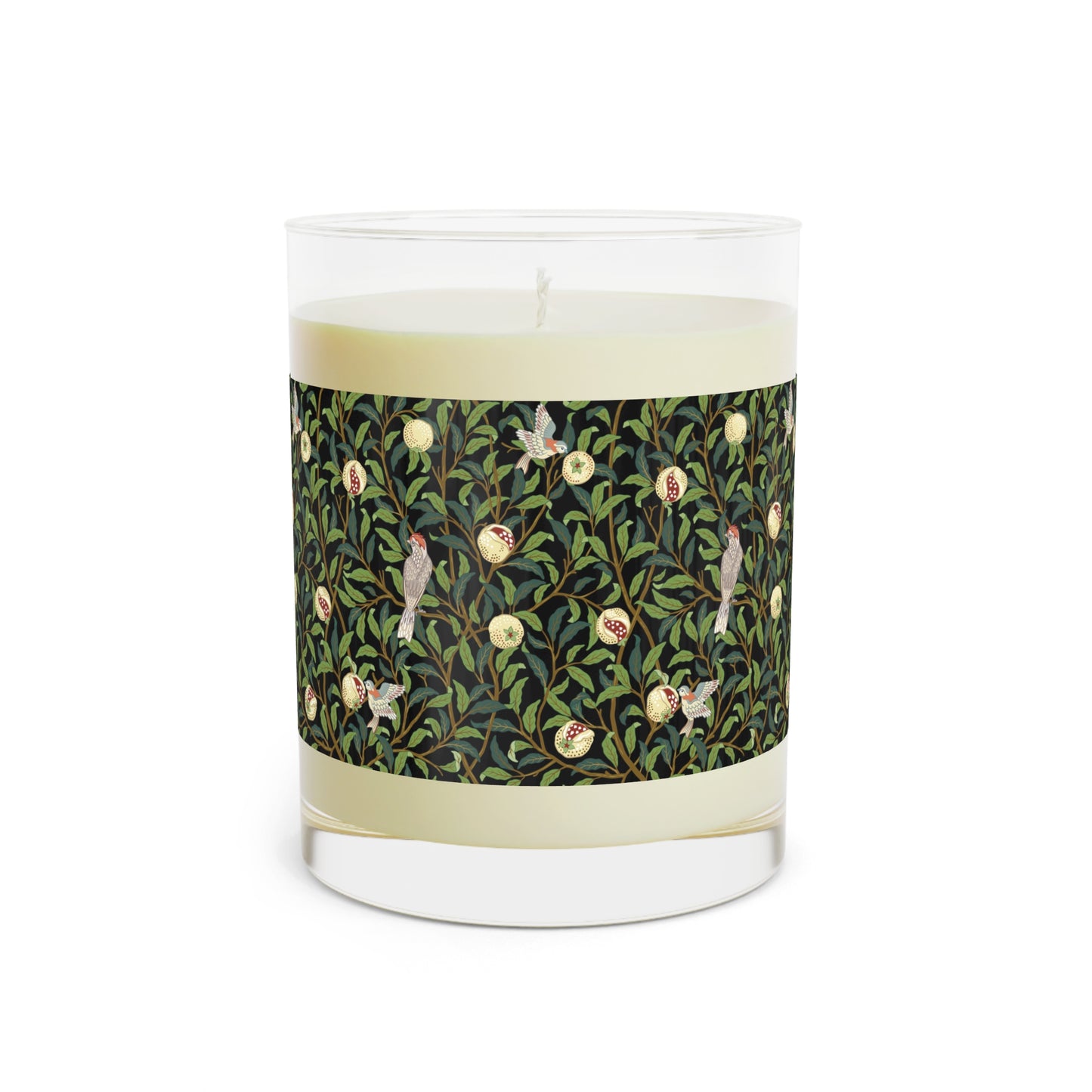 Luxury Scented Candle in an Arts & Crafts pattern inspired by William Morris & Co called Bird and Pomegranate Collection (Onyx) by Kathleen Kersey