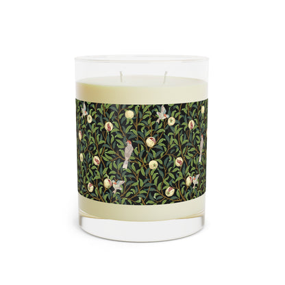 Luxury Scented Candle in an Arts & Crafts pattern inspired by William Morris & Co called Bird and Pomegranate Collection (Onyx) by Kathleen Kersey