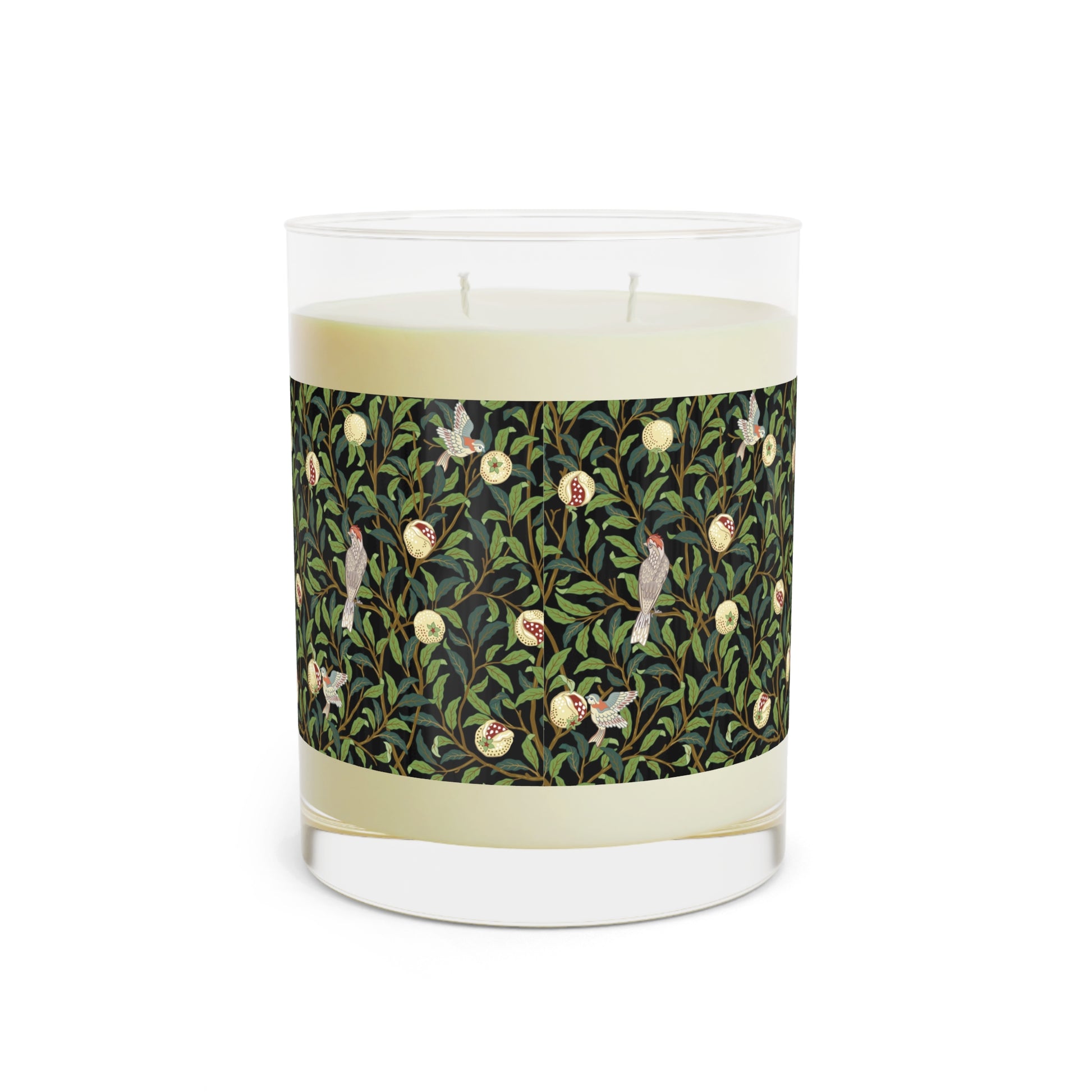 Luxury Scented Candle in an Arts & Crafts pattern inspired by William Morris & Co called Bird and Pomegranate Collection (Onyx) by Kathleen Kersey
